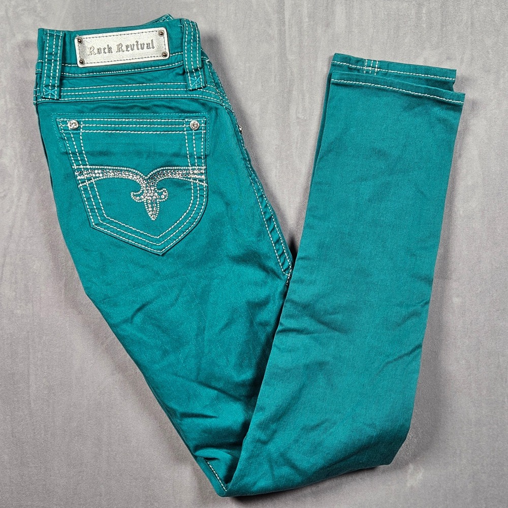 Rock Revival Liz Skinny Jeans Womens 27 Teal Green Low Rise Stretch Rhinestone